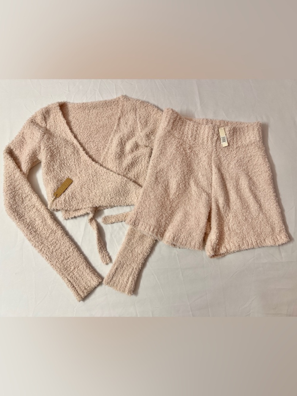 SKIMS Cozy Knit Sherpa Wrap Long Sleeve Crop Top + Shorts Short Set Dusk Pink
